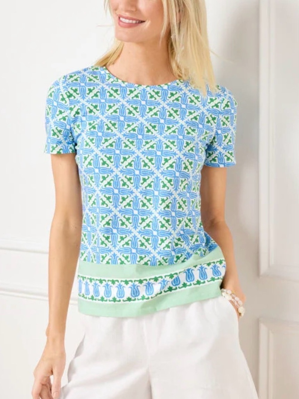 Talbots Blue and Green Diagonal Tile Short-Sleeve Top- NWT